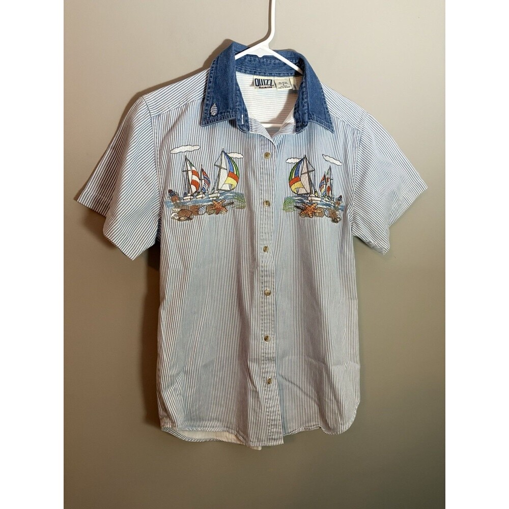Vintage 90s Quizz Again Nautical Sailboat Button Down Stripe Coastal Grandma S
